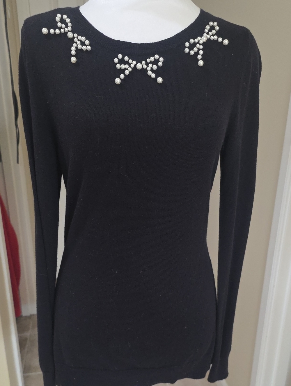 Elle Black Long-Sleeve Sweater Dress with Pearl Bow Accents